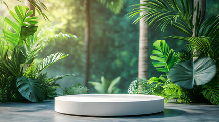 Two white round podium displays for product presentation, lush jungle forest in the background