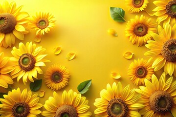 Fototapeta premium Sunny yellow background with scattered sunflowers in various stages of bloom, vista, warmth, sunlight, color palette, flora