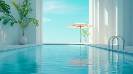 Fototapeta premium Relaxing at a Private Pool by the Beach in a Luxurious Hotel or Vacation Home, Perfect for a Calm and Rejuvenating Getaway