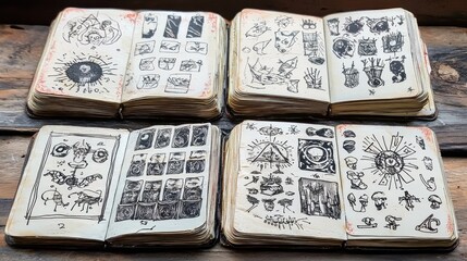 Obraz premium Hand drawn sketchbooks filled with occult symbols and mysterious illustrations