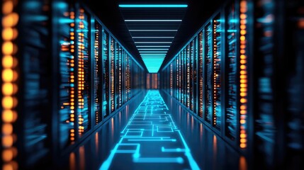 Futuristic server room with illuminated racks and digital pathway