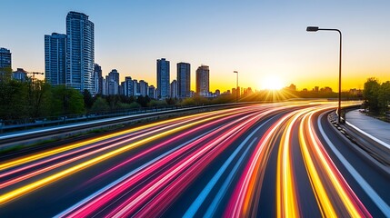 A city highway with bright light trails from cars moving at high speed during a sunset Minimalist White Background with Space for Text