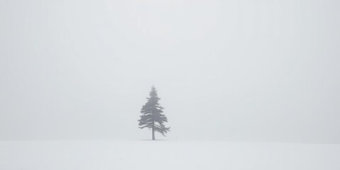 Solitary pine tree standing tall in a vast snowy field blanketed by thick fog, isolated, calmness, serene