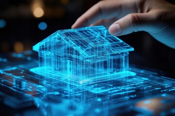 A hand places a small holographic model of a house on a futuristic 3D architectural display