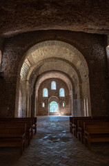 Obraz premium Old Monastery of San Juan de la Peña, Romanesque art and the first royal pantheon in Aragon in Huesca, Spain