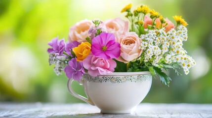 A vibrant bouquet of flowers arranged in a teacup, showcasing beauty and nature.