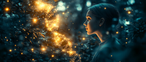 Mysterious Woman with DNA Strand in Forest.