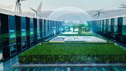 Building Center: Data Sustainable Future green environmentally friendly renewable energy wind turbine solar panel natural light ventilation insulation design innovation technology environment climate