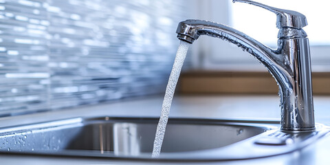 Obraz premium Contemporary Kitchen Faucet and Sink with Running Water