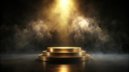 gold podium on dark background with smoke empty pedestal for award ceremony
