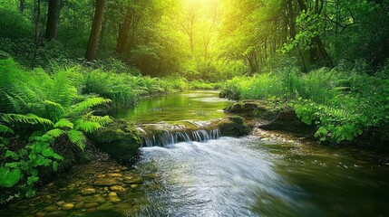 Obraz premium Tranquil stream flowing through a lush green forest with sunlight filtering through the trees.