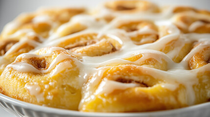Close-Up of Freshly Baked Cinnamon Rolls, Highlighting the Icing Dripping Over the Golden Swirls of Dough