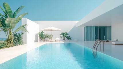 Fototapeta premium Relaxing at a Private Pool by the Beach in a Luxurious Hotel or Vacation Home, Perfect for a Calm and Rejuvenating Getaway