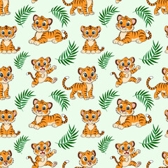 Obraz premium Seamless pattern of cute tiger cubs in different poses. Vector illustration.