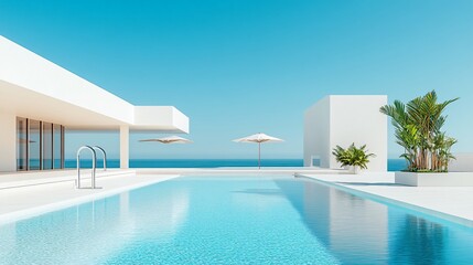 Fototapeta premium Relaxing at a Private Pool by the Beach in a Luxurious Hotel or Vacation Home, Perfect for a Calm and Rejuvenating Getaway