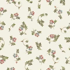 Seamless floral background. Stylized blue, red flowers. Plant pattern.