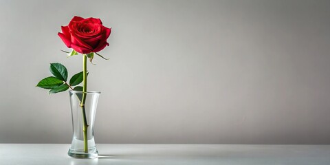 Single long-stemmed red rose in a clear glass vase with a simple background, long stem rose, simple background, elegant, floral arrangement, solo flower