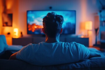 Naklejka premium A man sits comfortably on a couch, his back to the camera, watching a movie or show on a large