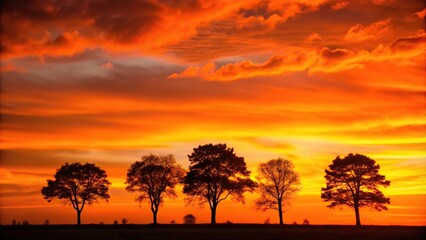 Silhouetted trees stand against a vibrant orange sky as the sun sets behind them, gradient, orange, stunning