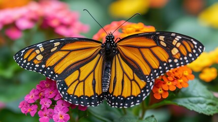 Fototapeta premium Vibrant Butterfly Close-Up on Colorful Flowers