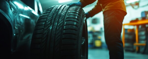 Mechanic in a modern garage handling a tire, focus on the tread and wheel, blurred workshop background, tire replacement and car maintenance concept