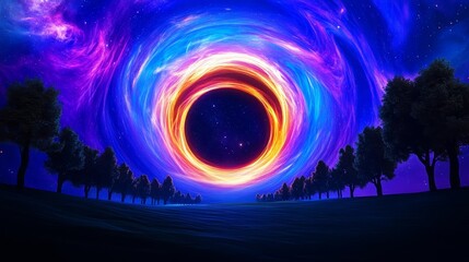 A glowing cosmic portal in deep space with swirling stars and fiery rings, shadowy trees lining the horizon, otherworldly and epic space adventure