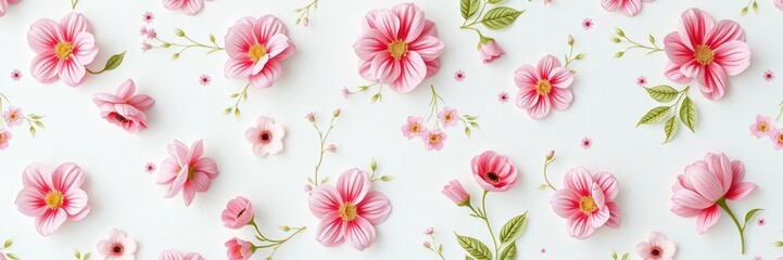 Fototapeta premium Seamless pattern of pink and white flowers on a light background, pink, summer