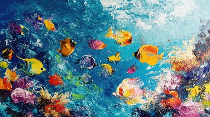 A vibrant collection of tropical fish swims among colorful coral reefs, darting through the crystal-clear waters, crafting a stunning underwater scene filled with beauty and life.