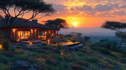 Fototapeta premium Serene sunset view of a modern home amidst lush landscape.