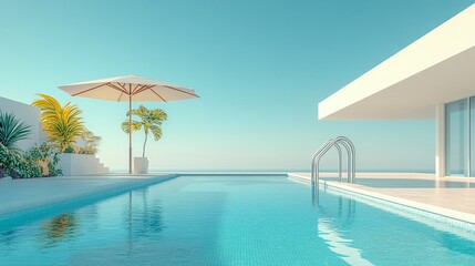 Fototapeta premium Relaxing at a Private Pool by the Beach in a Luxurious Hotel or Vacation Home, Perfect for a Calm and Rejuvenating Getaway