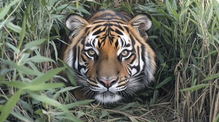 Obraz premium A majestic tiger peers out from behind a thick stand of green bamboo, its piercing gaze and striped fur commanding attention.