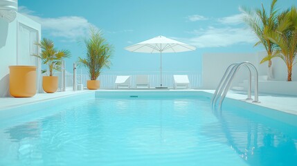 Fototapeta premium Relaxing at a Private Pool by the Beach in a Luxurious Hotel or Vacation Home, Perfect for a Calm and Rejuvenating Getaway