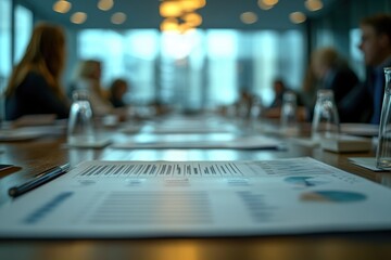 A professional business meeting is in progress around a conference table. In the foreground