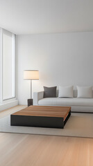 Modern living room with a minimalist design featuring a large wooden coffee table