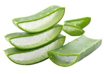 Slides, pieces of green fresh aloe vera. isolated on white background as transparent. PNG. AI GENERATED.