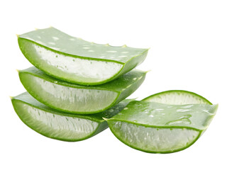 Slides, pieces of green fresh aloe vera. isolated on white background as transparent. PNG. AI GENERATED.