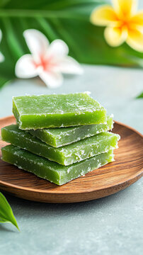 Delightful vietnamese green bean cake banh dau xanh served on a wooden plate surrounded by tropical decor