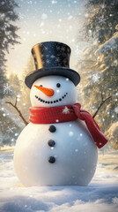 Cheerful snowman with red scarf and top hat in snowy forest