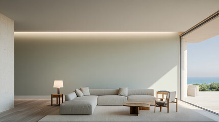 Modern coastal living room with large windows and minimalist furniture overlooking the ocean