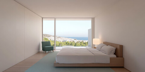 Modern bedroom with ocean view and minimalistic design near coastal hillside