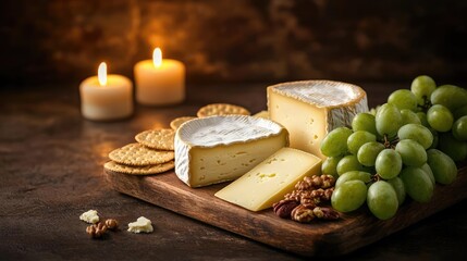 Delicious cheese platter with grapes, crackers, and nuts, elegantly presented.
