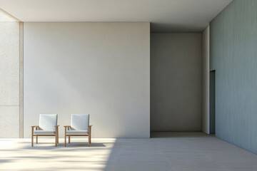 Fototapeta premium Minimalist interior design featuring two wooden chairs in a spacious, modern room