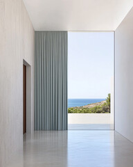 Obraz premium Modern interior view with sea horizon and soft curtains in a serene coastal setting