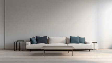 A spacious, minimalist living room showcases a sleek sofa adorned with blue and gray cushions