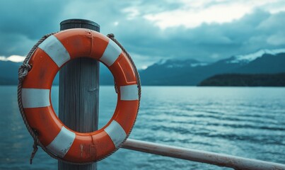 A red and white life preserver hangs on a wooden post against a backdrop of a blue lake and mountain range under a cloudy sky.