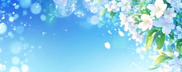 Obraz premium A serene blue background adorned with delicate white flowers and sparkling light effects.
