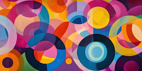 Naklejka premium Contemporary geometric aesthetic artwork features an abstract background characterized by vibrant circular gradients of bright colors, creating a lively and dynamic visual experience.