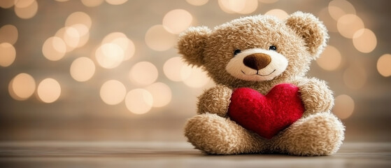 Fototapeta premium Teddy Bear Holding Red Heart with Bokeh Background.
