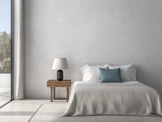 Modern minimalist bedroom design featuring a double bed, nightstand, and large windows