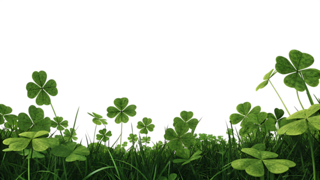 A clover field for St. Patrick's Da isolated on white background as transparent. PNG. AI GENERATED.